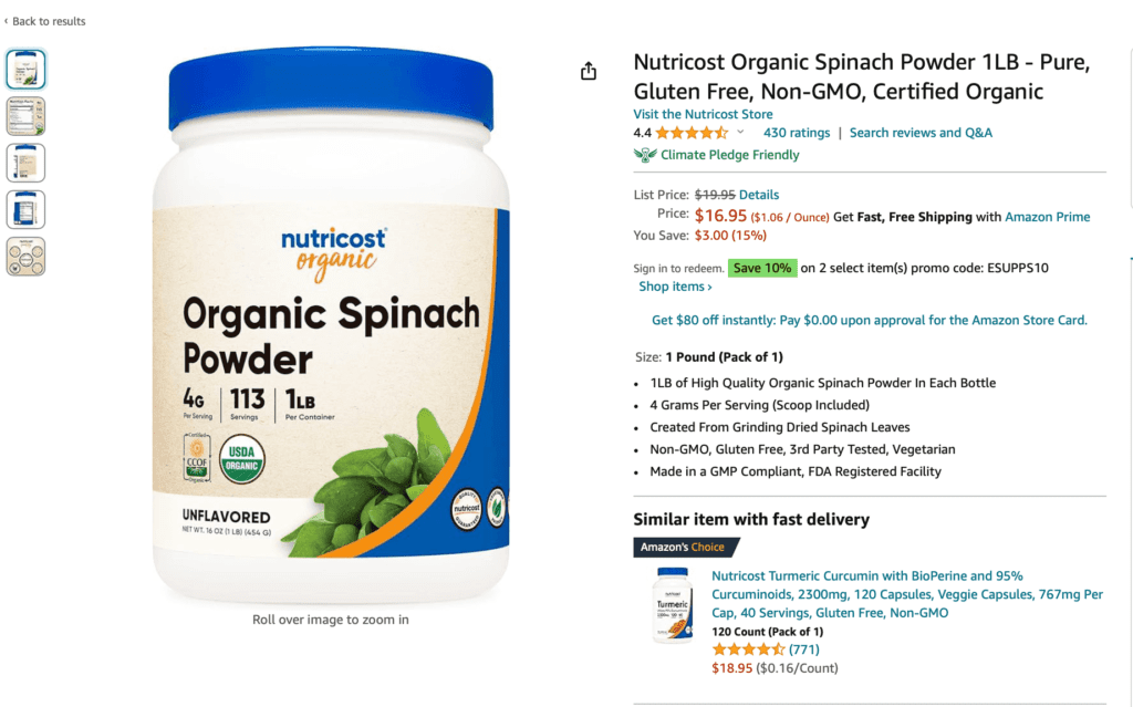 organic spinach powder product screenshot